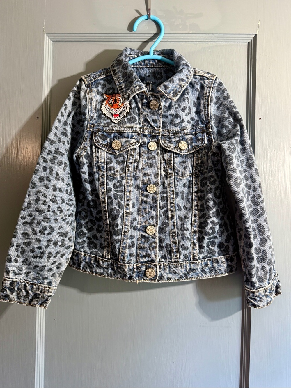 Girls' Leopard Print BABY GAP Custom Denim Jacket with Tiger Patch - Gray